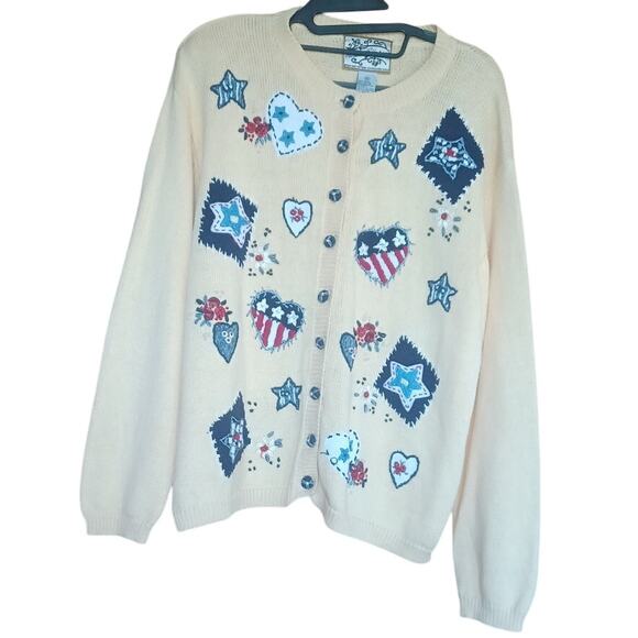 Vintage Heirloom Collectibles Butter Yellow Cardigan Fourth of July Women's XL - Picture 2 of 6